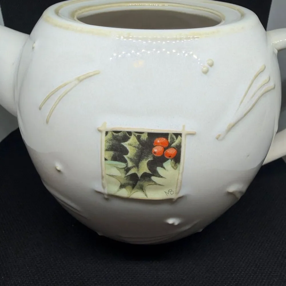 Marjolein Bastin Hallmark Ceramic Teapot Nature Sketchbook Holly Berry Vintage